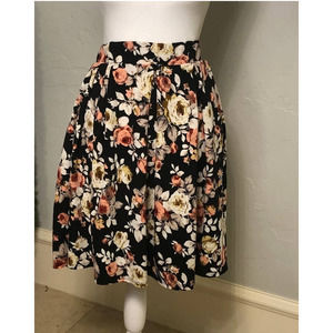 DOUBLJU Black, Ivory and Pink Floral Pleated Midi Skirt